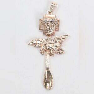 Vintage 14K Yellow Gold Diamond Jesus & Eagle Design Spoon Pendant